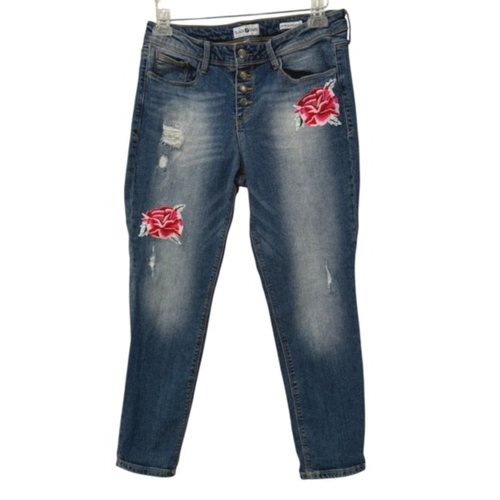 Black Daisy Jamie Button‎ Fly Distressed Floral Embroidered Boho Jeans Size 9